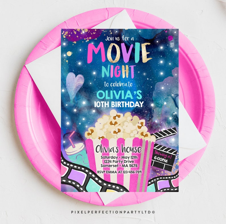 EDITABLE Movie Night Birthday Invitation Movie Birthday Party Invitation Movie Sleepover Party Popcorn Movie Party  Instant Download LK